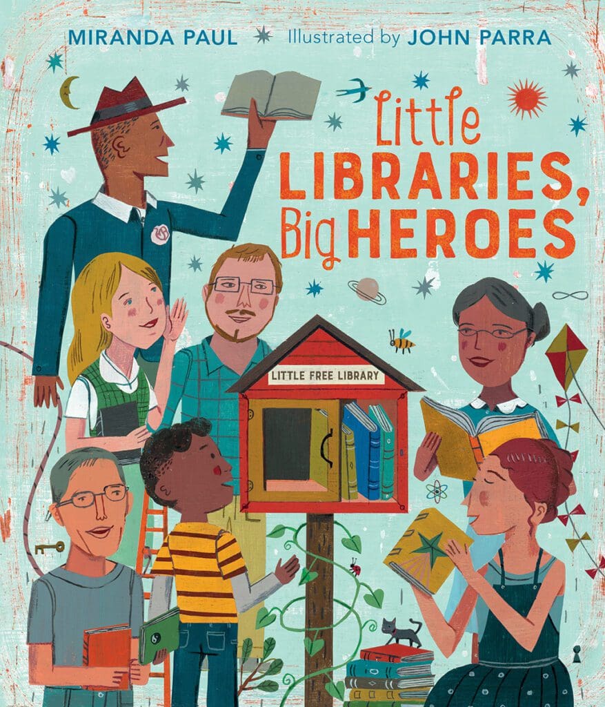 A book cover with people and a little library.