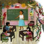 10_my_name_is_Gabriela_class A painting of a girl in front of a chalkboard