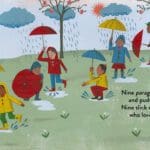 11_one_is_a_pinata_nine_nueve_paraguas A children 's book with pictures of people in the rain.