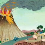 12_p_is_for_pinata_volcano A painting of a volcano with people standing around.