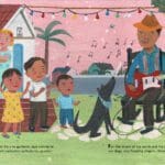 A picture of children and an adult with a dog.