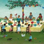 A Mexico Alphabet: Family Dinner with Maize A painting of people sitting at a table with food.