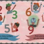14_one_is_a_pinata_uno_to_diez A book with numbers and pictures of people.