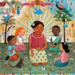 15_my_name_is_Gabriela_nobel_prize_kids A painting of children sitting in the grass