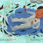 A child is laying in the water with his feet up.
