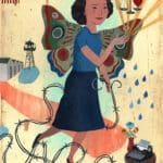1_mitsuye_endo A painting of a woman with a butterfly wings holding a candle.