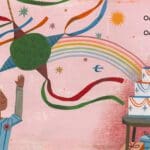 1_one_is_a_pinata_one_uno_pinata A mural of a boy with a cake and rainbow.
