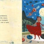 A child 's book page with an image of a girl in red dress.