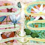 5_my_name_is_Gabriela_flowers A page of an altered book with flowers and butterflies.