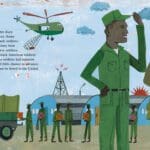 A picture book of an army man and his helicopter.