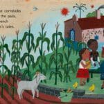 A children 's book with corn stalks and people in the background.