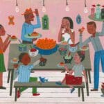 8_one_is_a_pinata_six_seis_salsa_aguas A group of people sitting around a table eating food.