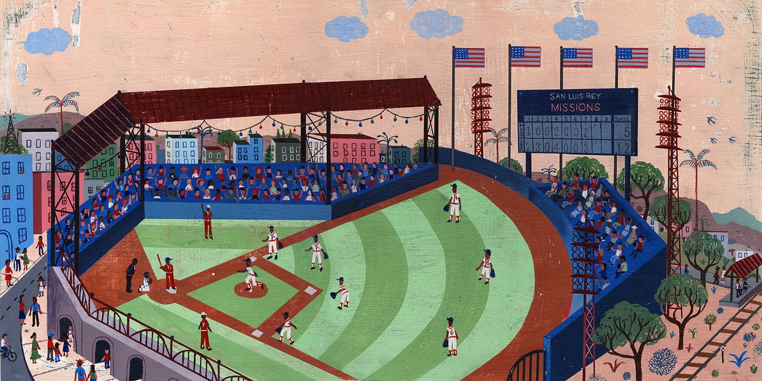 A painting of baseball players on the field