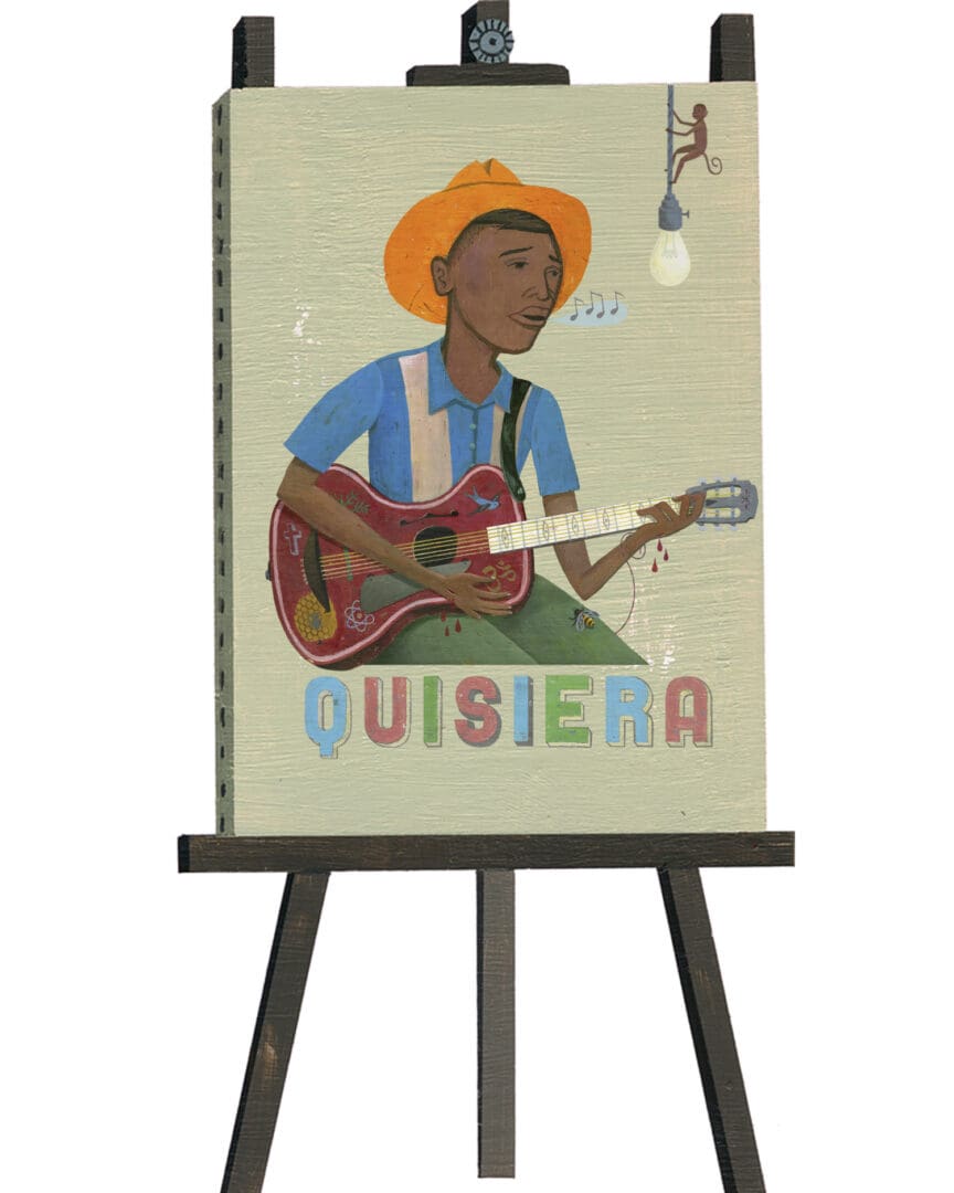 A painting of a man playing guitar on top of a easel.