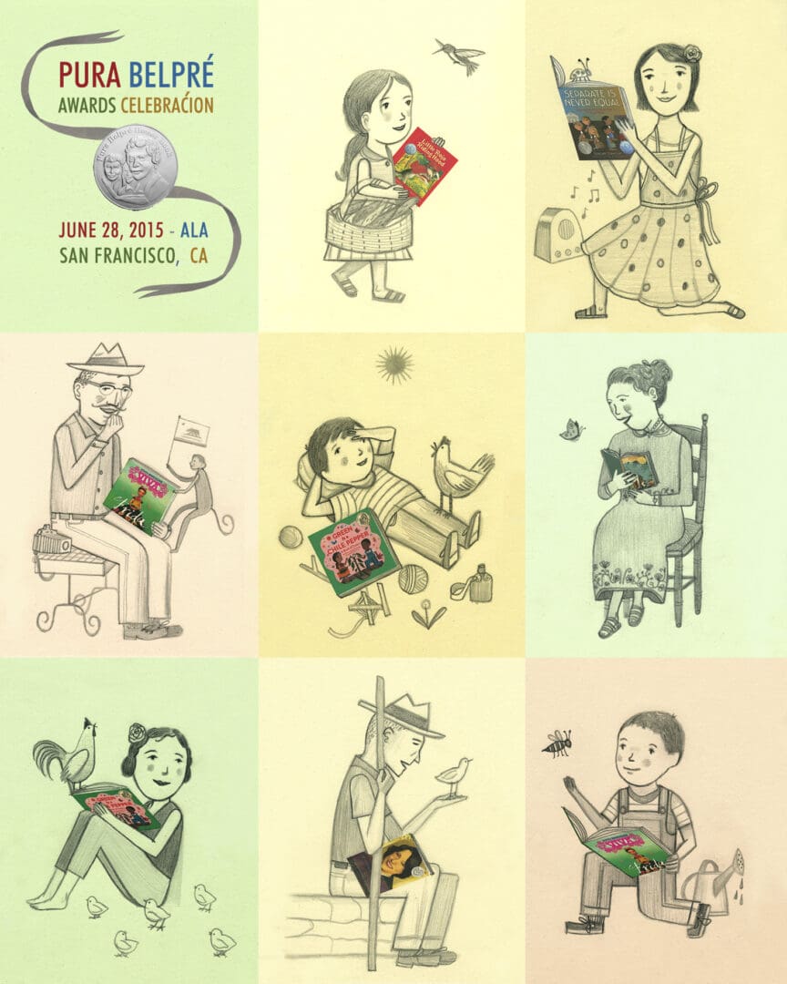 A series of drawings depicting people reading books.