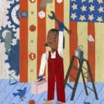 We Are The Change: Sonia Sotomayor A painting of a man holding a wrench and standing in front of an american flag.