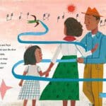 16. Eloisas Musical Window pgs.34-35s copy A family is standing in front of musical notes.
