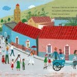 5. Eloisas Musical Window pgs.12-13s2 copy A colorful picture of people walking down the street.