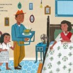9. Eloisas Musical Window pgs.20-21s copy A picture of a man holding a tray with cake on it.